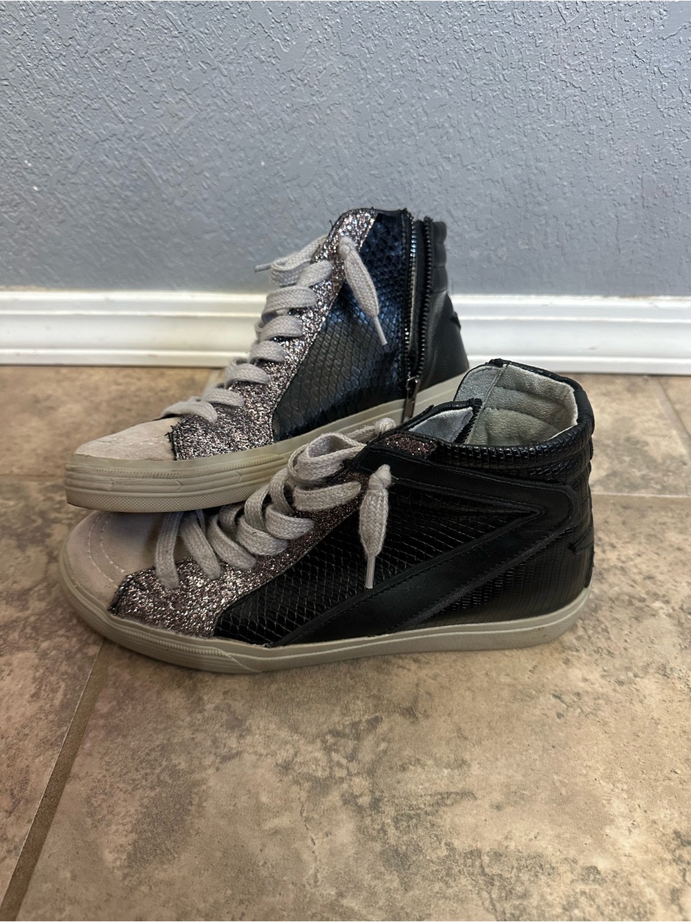 Women’s Shu Shop Black and Silver High-Top Sneakers - Fashion Glitter Accent